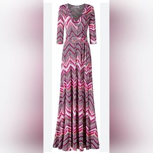 Janette Plus Faux Wrap Stretch Chevron Maxi Dress  1X -3X Spring Wedding Guest